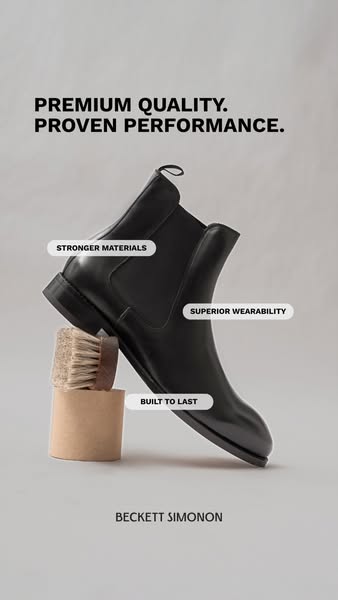 This ad showcases a black leather boot and highlights its premium quality, proven performance, stronger materials, super