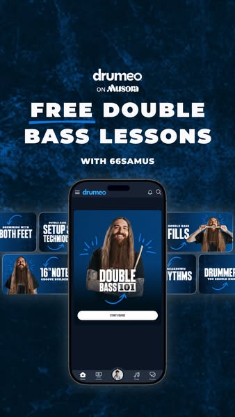 This ad promotes free double bass lessons on the Drumeo app with the help of 66Samus. The ad shows the Drumeo app on a p