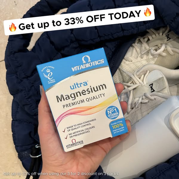 This ad promotes Vitabiotics Ultra Magnesium supplements, highlighting a discount offer and emphasizing the product'