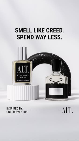 This ad compares the ALT. fragrance with the Creed Aventus fragrance. It positions the ALT. fragrance as a more affordab