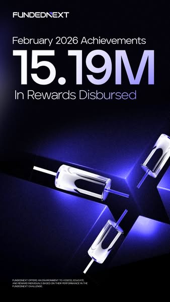 This ad from FundedNext celebrates their February 2026 achievement of disbursing 15.19M in rewards. The ad uses a dark b