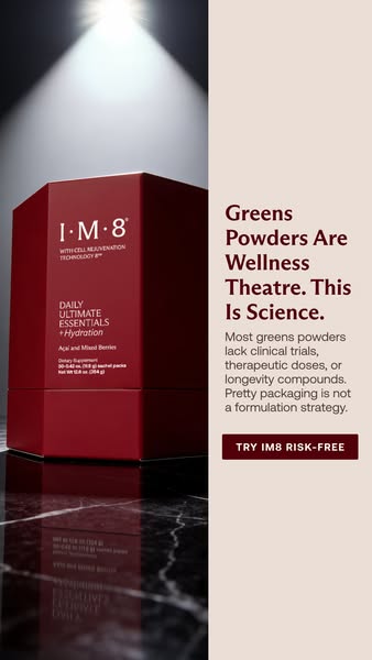 This ad is for I-M-8 Daily Ultimate Essentials + Hydration, and the ad makes the argument that other greens powders do n