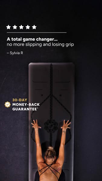 This ad features a testimonial about a yoga mat that prevents slipping and losing grip. The ad shows a woman using the m