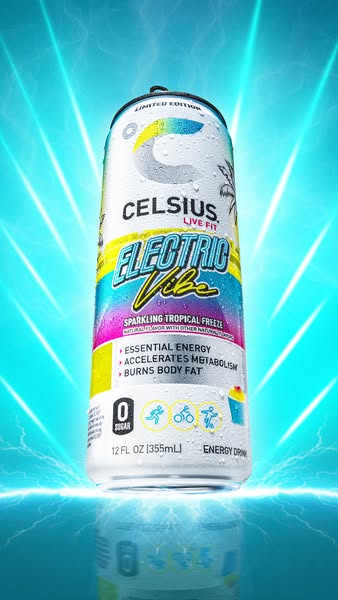 This ad for Celsius energy drink showcases the 'Electric Vibe' flavor with a visually striking design that empha