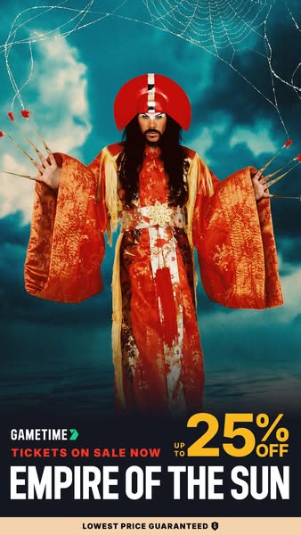 This image ad promotes tickets on sale now for the band Empire of the Sun on the Gametime platform. A discount of up to 