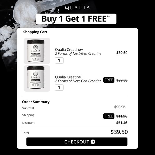 The ad shows a screenshot of a shopping cart page on the Qualia website. The cart contains two Qualia Creatine+ products