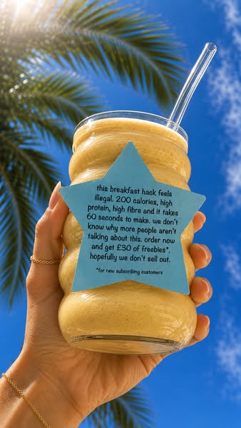 This ad promotes a quick and easy breakfast smoothie that contains 200 calories, high protein, and high fiber ingredient
