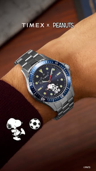 This ad features a Timex watch in a collaboration with Peanuts. It highlights the watch's design featuring Snoopy an