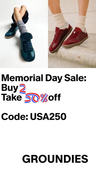 This ad is for Groundies shoes and showcases two different styles of shoes with a Memorial Day sale to encourage purchas