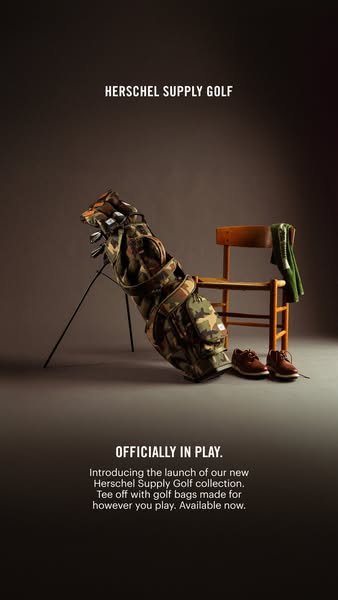 This ad is for Herschel Supply Golf bags. It features a camouflage-printed golf bag displayed next to a chair, a pair of