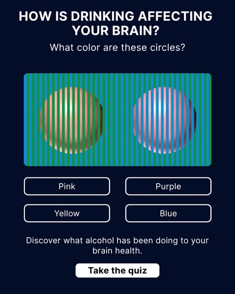 This image ad prompts viewers to determine the color of two circles behind a blue and green striped background. It quest