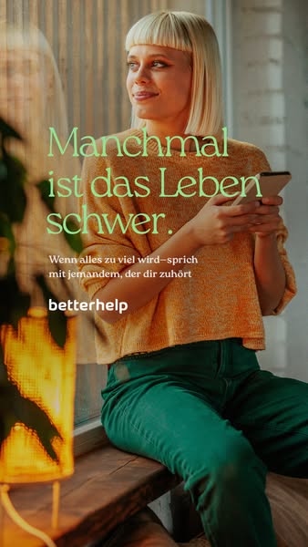 This ad for BetterHelp features a woman looking out the window while holding her phone. The ad copy suggests that if lif