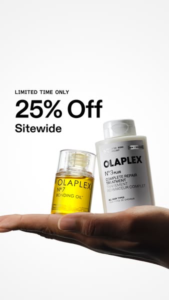 This ad features two Olaplex hair products on the palm of a hand. The ad promotes a limited time offer of 25% off sitewi
