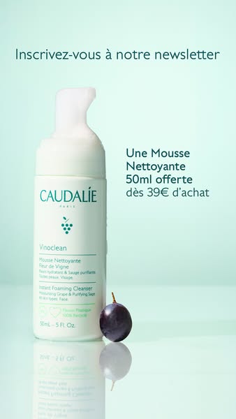 This ad showcases Caudalie's Vinoclean Instant Foaming Cleanser and offers a free 50ml cleanser with a purchase of 3