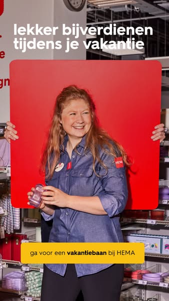 This image ad is for HEMA, a retail company that sells general merchandise. The ad features a HEMA employee who is smili