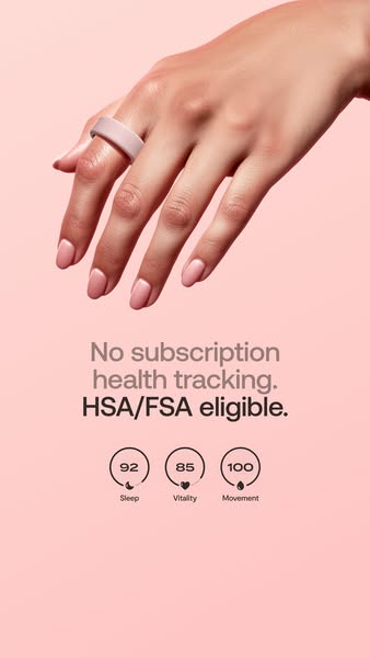 This ad promotes a health tracking ring. The ad highlights that the ring does not require a subscription, is HSA/FSA eli