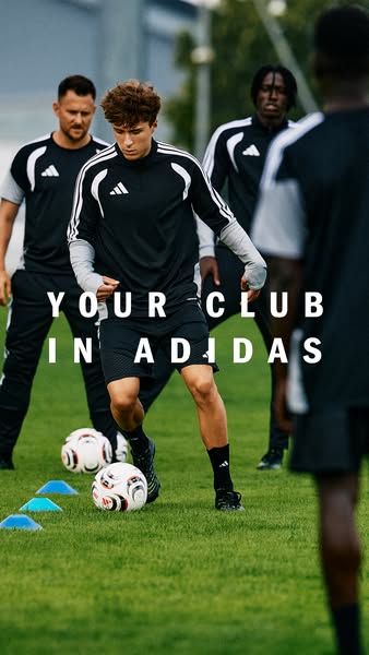 This image ad features a group of soccer players in Adidas apparel practicing drills on a soccer field. The text overlay