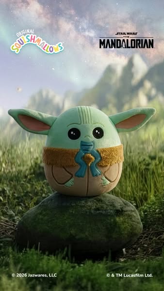This ad features an egg-shaped Grogu Squishmallow sitting on a mossy rock in a grassy field. The ad aims to showcase the