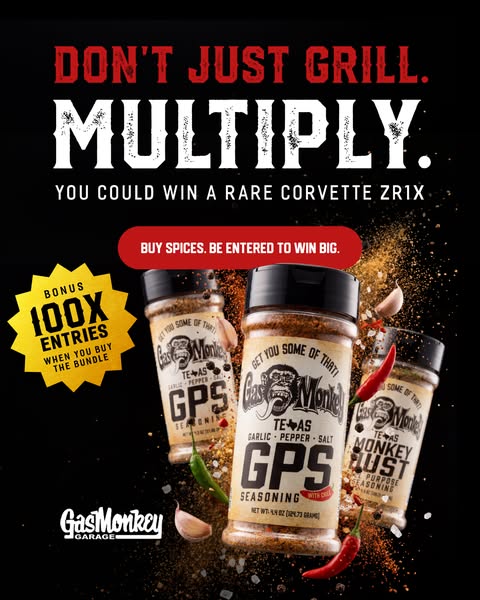 This ad promotes a contest where you can win a rare Corvette ZR1X when you buy spices.