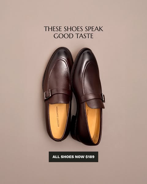 This image ad showcases a pair of brown leather dress shoes from Beckett Simonon. The ad highlights the shoes' style