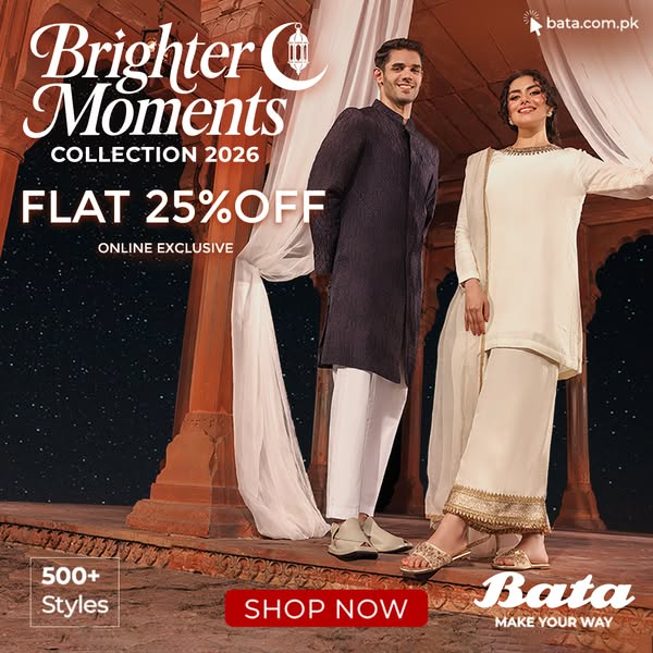 This image ad for Bata promotes their Brighter Moments Collection 2026 with a flat 25% off, available exclusively online