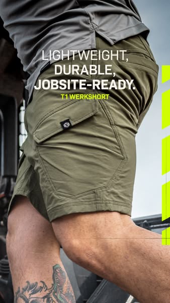 This image ad showcases a man wearing tactical shorts outdoors with an emphasis on their lightweight, durable, and jobsi