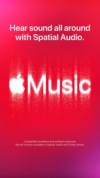 This ad promotes Apple Music and its Spatial Audio feature. The ad features bright imagery with text highlighting the fe