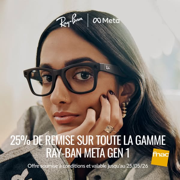 An ad for Ray-Ban Meta smart glasses is shown. The ad promotes a 25% discount on the Ray-Ban Meta Gen 1 glasses and feat