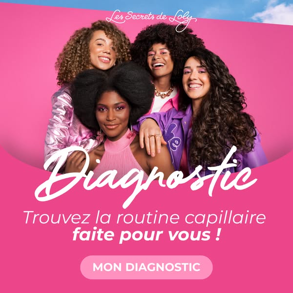 This ad features four smiling young women with curly and textured hair, set against a vibrant pink backdrop. The ad prom