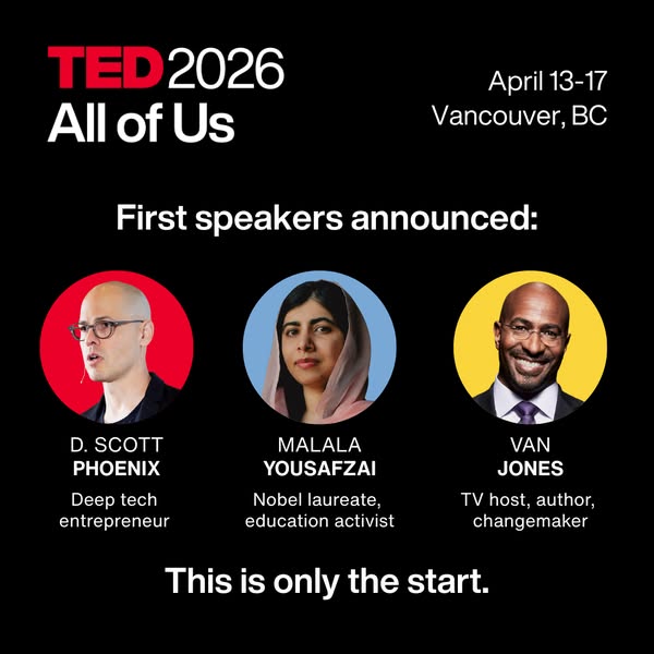 This image ad announces the first speakers for the TED 2026 event. The ad features the TED logo and event name at the to