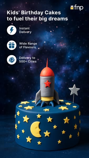 This ad showcases a kids' birthday cake shaped like a rocket, emphasizing instant delivery, a wide range of flavors,