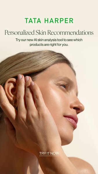This image ad features a close-up of a woman's face and promotes Tata Harper's AI skin analysis tool to recommen