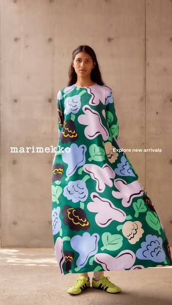 The ad features a woman wearing a Marimekko dress and promotes the brand's new arrivals.