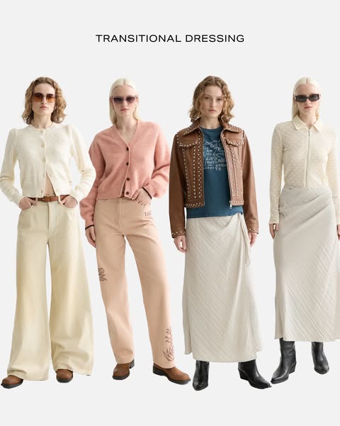 The ad showcases four different outfits from the brand, each worn by a different model. The outfits include wide-leg jea