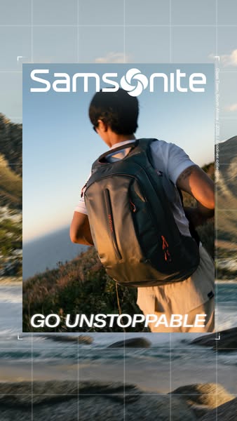 A person is wearing the Samsonite backpack while hiking outdoors. The ad showcases how the backpack is the perfect compa