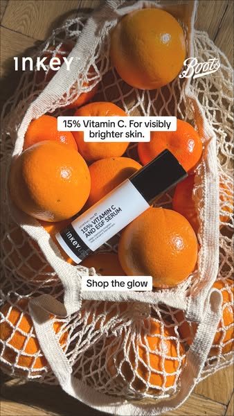 The ad features The Inkey List's 15% Vitamin C and EGF Serum for visibly brighter skin. The product is displayed in 