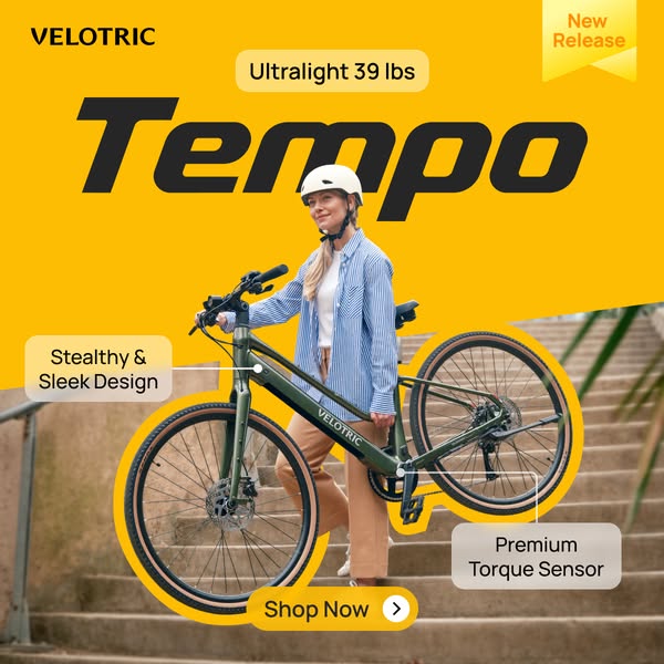 This Velotric image ad showcases the Tempo e-bike highlighting its ultralight weight and premium torque sensor. A woman 