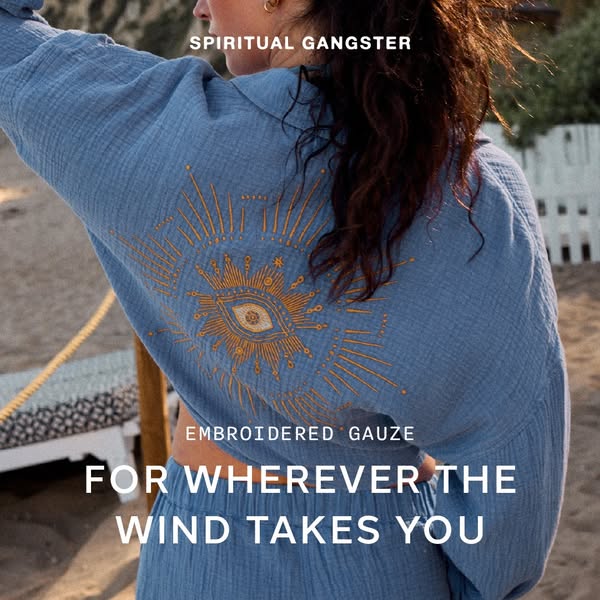 This image ad showcases a matching gauzy top and shorts from Spiritual Gangster. The ad focuses on the comfort and free-
