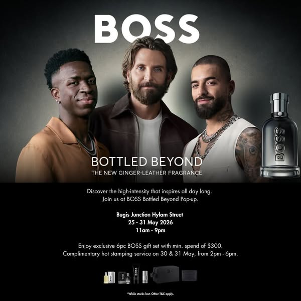 An image ad for BOSS Bottled Beyond featuring three male celebrities, promoting a pop-up event and an exclusive gift set