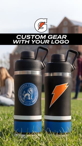 This ad is for Gatorade custom gear. It shows two black water bottles sitting on grass with a college campus in the back
