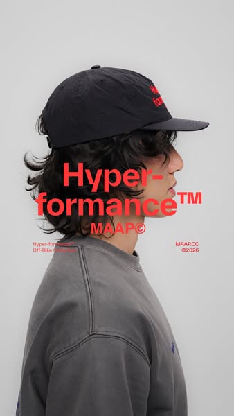 This ad promotes MAAP's hyper-formance headwear and apparel. It features a person wearing the product in a studio se