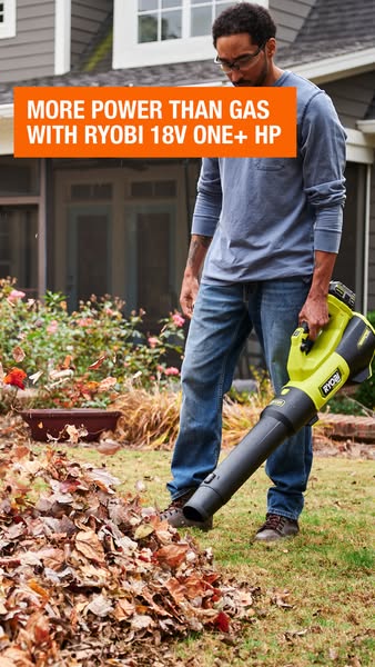 This image ad showcases the RYOBI 18V ONE+ HP leaf blower, emphasizing its power compared to gas-powered alternatives. I