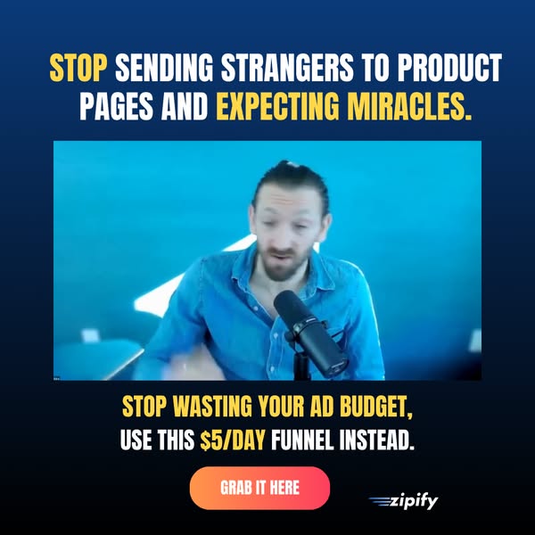 This image ad features a man speaking about marketing funnels. The ad claims that users should stop sending strangers to