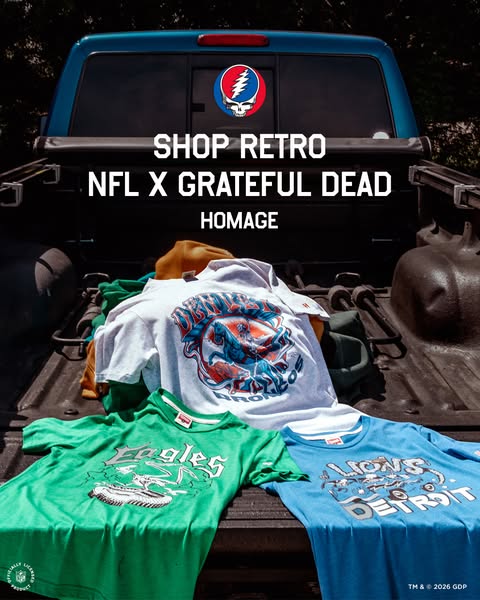 This ad showcases a collection of vintage-style t-shirts featuring NFL teams paired with the Grateful Dead imagery. The