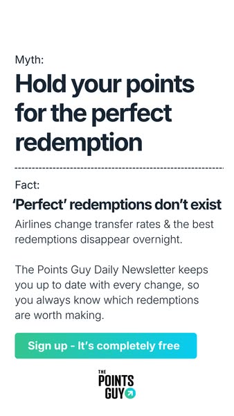 The ad compares the myth and the fact about travel rewards points redemptions. It implies that waiting for the ‘perfect’
