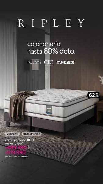 This image ad by Ripley showcases a European bed, highlighting its features such as the divided base and the fact that i