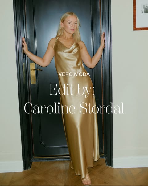This image ad features a woman, Caroline Stordal, wearing a gold dress. The ad highlights the collaboration between Vero
