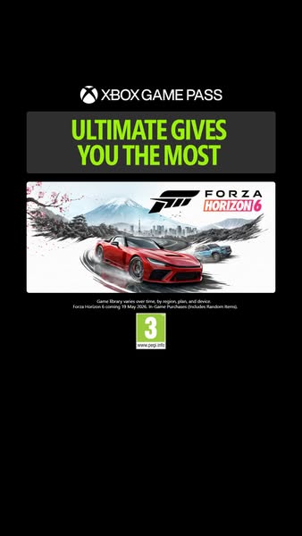 This ad promotes Xbox Game Pass Ultimate, highlighting that it gives you the most, overlaid on an image of Forza Horizon
