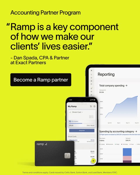 The ad promotes Ramp's accounting partner program through a testimonial from a CPA and partner, highlighting the pla
