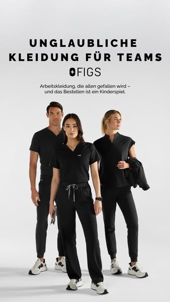 This image ad showcases FIGS work apparel, emphasizing its appeal to teams and the ease of ordering.